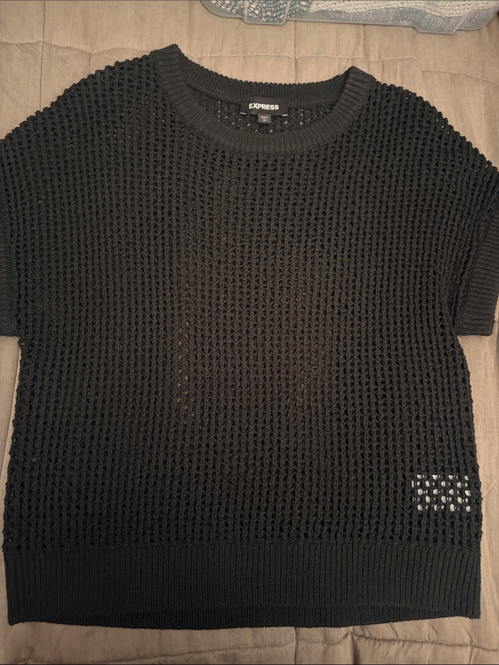 Express Black Short-Sleeve Open-Knit Crew Sweater